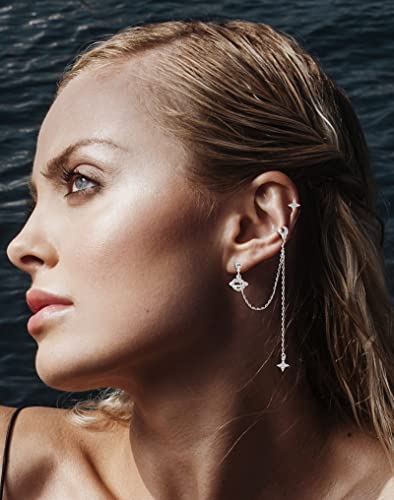 Akeoqi 6Pcs Cuff Earrings Chain Drop Dangling Earrings With Cz Inlaid Hoop Wrap Threader Tassel Earrings Crawler Climber Earring Planet Star Moon Round Studs Jewelry For Women 20G #TOP4