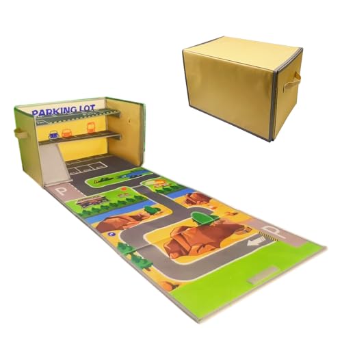 Enklogic Toy Car Storage Box with Foldable Car Rug Play Mat – 15x10x10 Inch Collapsible Organizer Bin and Garage Basket for Hot Die-Cast Wheels Vehicles and Modle Cars (Cars Not Included)