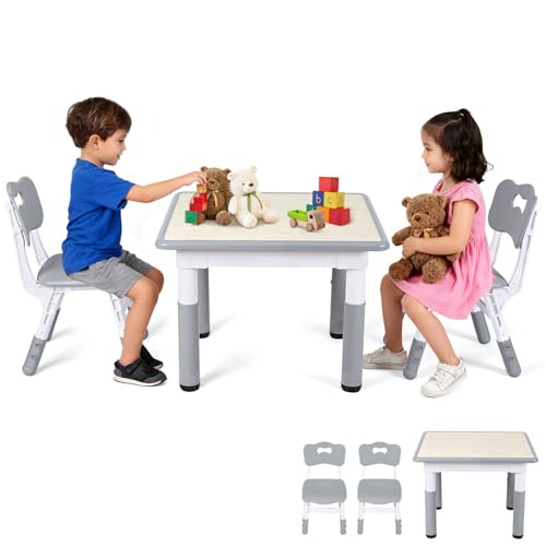 ISOISL - ISOISL Kindertisch mit 2 Stühlen Set, 7-Fach höhenverstellbar, 60x60 cm Maltisch & Aktivitätstisch, kindersitzgruppe mit Zeichenfläche, Grau Holzdruck