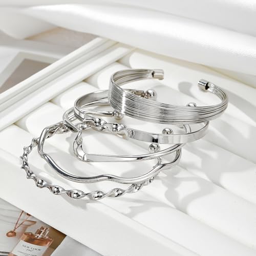IFKM Silver Bangles Bracelets For Women, Multi Layer Stackable Open Cuff Bracelet Set, Trendy Elegance Charms Non Tarnish Minimalist Textured Boho Jewelry Gift for Women4