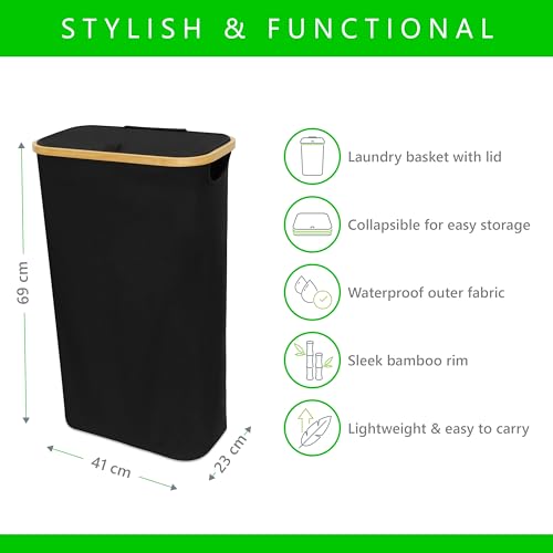 Nest Zest 60L Slim Laundry Basket with Lid, Washing Basket for Laundry, Hamper style Linen Bin with Care Guide & Removable Inner Bag, Dirty Clothes Bin with Sturdy Bamboo Rim and Oxford Fabric (Black) - Image 6