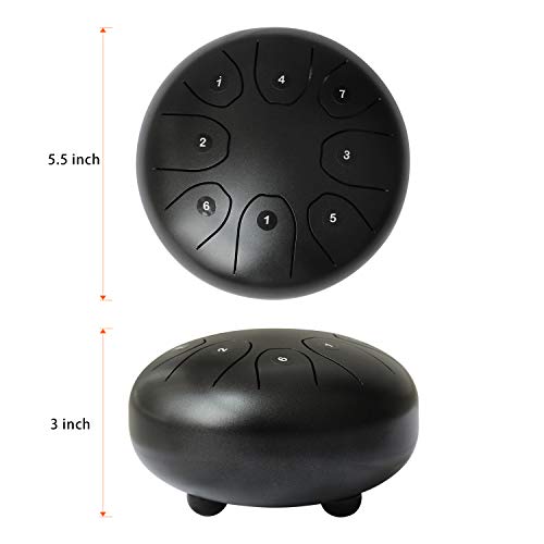 Steel Tongue Drum Steel Drums Flatsons Handpan Standard C Key 8 Notes 5.5 Inch Percussion Instrument with Drum Mallets Carry Bag Great Gift for Beginner Adult Kid Black