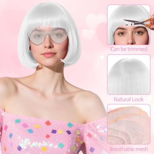 plulon white bob wig with heart sunglasses and hair cap colorful short bob wigs synthetic party wigs funny cosplay hairpieces for women men daily bachelorette halloween costume party decorations