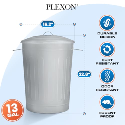 Image of Plexon 13 Gallon Metal Trash Can with Lid Outdoor Vintage Trash Can Steel Retro Garbage Can for Kitchen Farmhouse Rustic Bird Seed Storage Pet Food Cute Bucket, Gray 6 Pack