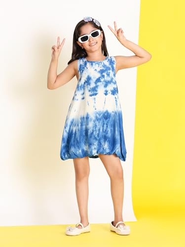Image of Maaesa Girls' Tie Dye Rayon Staple Blue Dress | Sleeveless | Round Neck | Soft & Breathable | Casual