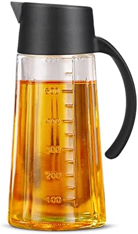 Oil Dispenser 650 ml Auto Flip Olive Oil Glass Bottle Glass Oil Pots with Non-Slip Handle Non-Drip Spout for Kitchen Cooking and BBQ(Black)