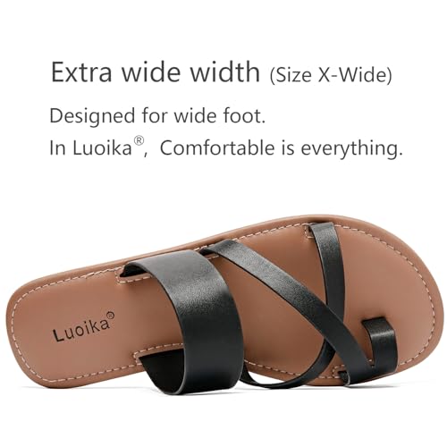 Luoika Women's Wide Width Toe Ring Flat Slides Sandals705,Black,12XW by Luoika - Used condition - Image 4