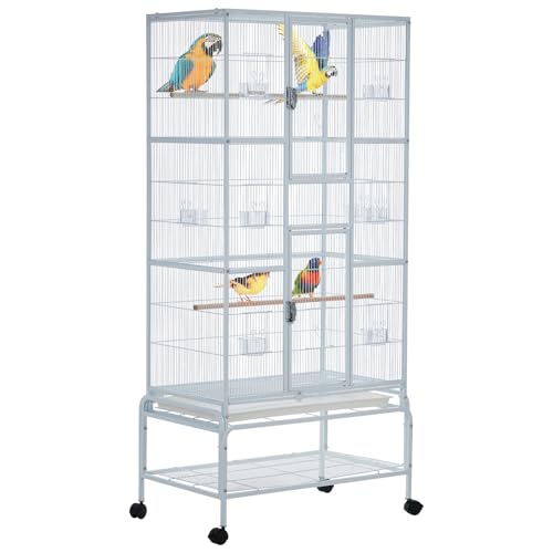 Image of 69'' Extra Large Bird Cage Metal Parrot Cage w /Detachable Stand for Mid-Sized Parrots Cockatiels Conures Parakeets Lovebirds Budgie Finch, White