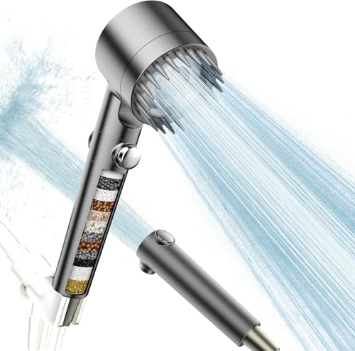 YFUN Filter Shower Head with Scalp Massager Shampoo Brush for Skin & Hair Care, High Pressure 3 Spray Modes with Filter for Hard Water, Detachable Showerhead with ON/OFF Switch (Showerhead Only, Grey)