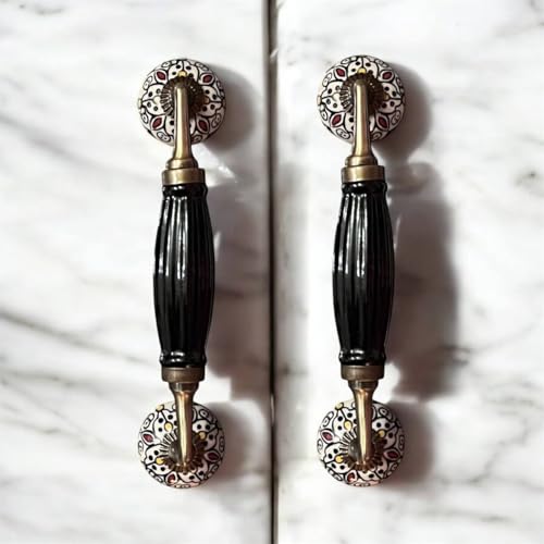 Image of Maison Belle Ceramic Door Handle Gold Antique Finish - (Size 8.5 Inch) - (Pack of 1 Handle) (Black Hand Painted - Hole to Hole 6.5 INCH)