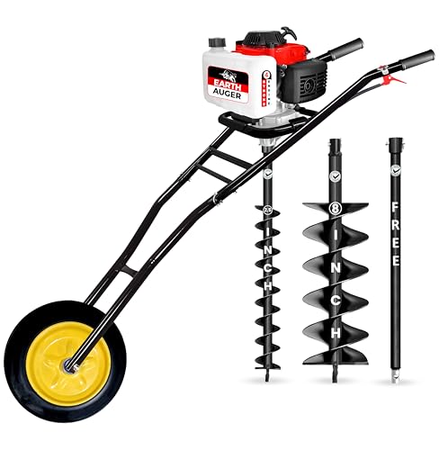 Image of DVI 142CC Trolley Earth Auger Machine, 4-Stroke Petrol Engine - with 2.5 Inch + 8 Inch Double Spiral Planter Bits & Free Extension Rod | for Plantation, Fencing & Post Hole Digging in All Soil Types.