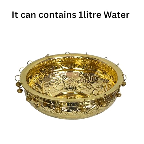 Image of Decorative Brass Urli Bowl with Bells | Traditional Indian Flower Bowl for Floating Diyas & Marigolds | Antique Gold Finish for Festive Decor (6 inch) (8 inch)