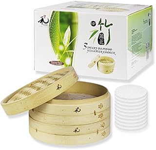 YUHO 10 Inch Bamboo Steamer 25.4 cm, 2 Tier Steamer for Cooking, 10 Paper Liners, 100% Natural Bamboo, Perfect for Steamed Buns, Dumplings, Vegetables, Rice