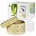 Yuho Asian Kitchen Bamboo Steamer 10–Inch, Individually Box, 2 Tiers & Lid, 10 Parchment Liners, Perfect For Steaming Dumplings, Vegetables, Meat, Fish, Rice, Healthy Lifestyle, 100% Natural Bamboo
