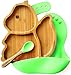 Vaisselle en bambou et silicone (ÉCUREUIL). Set 3 pièces : Assiette, Cuillère, Bavoir. Avec ventouse antidérapante sur la base. Silicone de qualité alimentaire, Ecologique sans BPA (Vert)