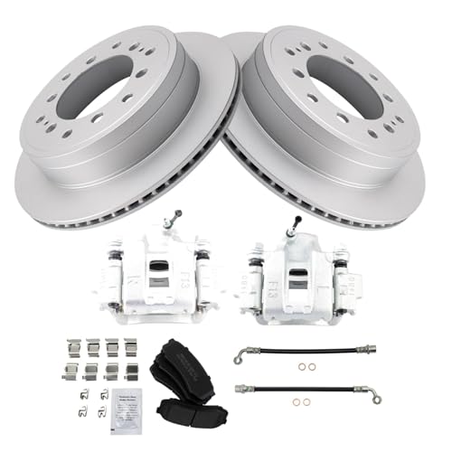 Image of TRQ Rear Brake Pad and Rotor Set Semi Metallic Coated Rotors Calipers Compatible with 2010-2014 Toyota FJ Cruiser