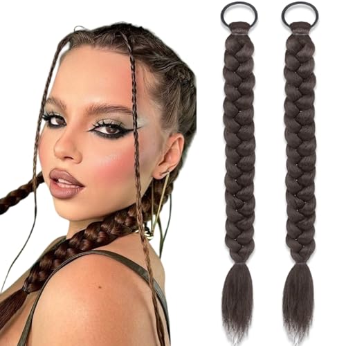2Pcs Braided Ponytail Extensions with Hair Ties Soft Synthetic Hair Pieces for Women Girls Daily Wear 16 Inch (Dark)