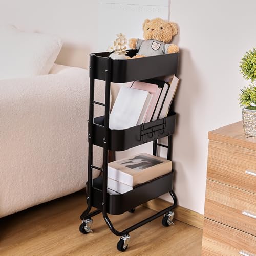 Image of MAX Houser Slim 3-Tier Rolling Utility Cart with Extra Hook, Black | Narrow Metal Bathroom Storage Multifunctional Organizer Carts with Wheels with Extra Hook, Laundry Room,Kitchen,Small Space