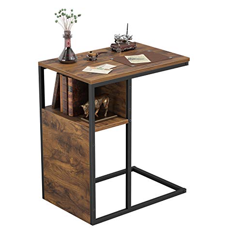 Cubiker End Table, C Shaped Reversible Side Table With Wooden Shelf, Snack Side Table For Living Room, End Table For Sofa Couch And Bed, Metal Frame Nightstand Deep Brown #TOP20