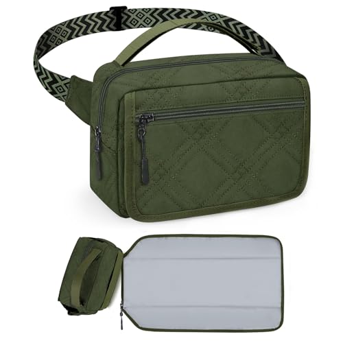 Image of Small Diaper Bag with Portable Changing Pad, Mini Crossbody Diaper FannyPack with Wipes Pocket, Women Waist Bag for Travel (Quilted Olive Green, Large)