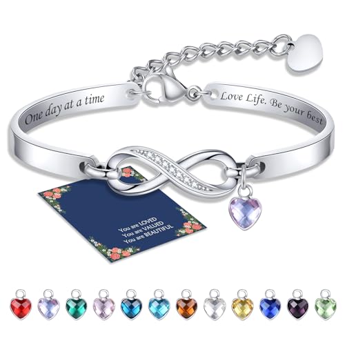 Personalisierte Unendlichkeitszeichen Armband mit Geburtsstein Damen – Silber Infinity Armreif Armbänder mit Gravur für Frauen Mädchen Freundin Geschenke für Valentinstag Jahrestag Geburtstage