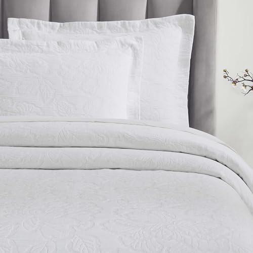 Superior 3 Piece Cotton Bedspread Set, Home Bed Decor, Decorative Bed Spread, 2 Pillow Shams, Medium Weight Blanket, Matelasse Coverlet, Bedding Essentials, Hibiscus Collection, Full, White