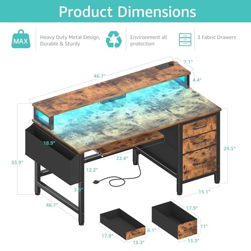 Image of Lufeiya Gaming Desk with LED Lights and Power Outlets, 47 Inch Home Office Desks with Keyboard Tray, Computer Desk with File Drawers Cabinet, Writing Table PC Desks with Monitor Stand, Rustic Brown