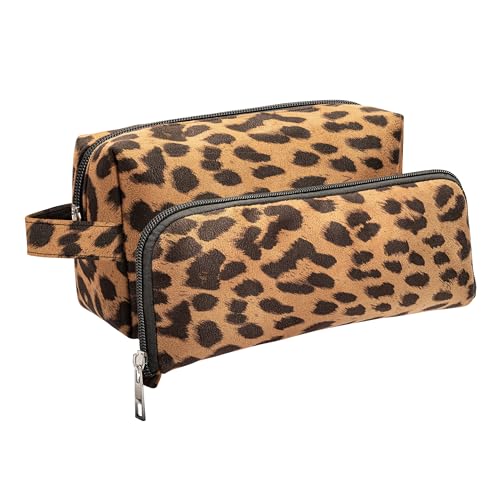 Large Capacity Makeup Bags, 2 Pieces, Leopard Print, Cosmetic Travel Toiletry Organizer Bag, Soft and Warm Material (Brown)