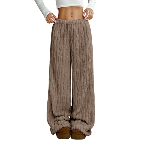Funnyrap Women's Plush Fuzzy Pajama Pants Warm Cozy Pj Bottoms Elastic Waist Wide Leg Lounge Pants Flannel Pajamas Bottoms Dark Brown
