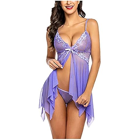 riou Lencería Conjunto Mujer Encaje Babydoll Lingerie Sexy Ropa de Dormir Camisón Suave Frente Abierto Camisón Mini Vestido con Cuello Halter Dos Piezas Cover