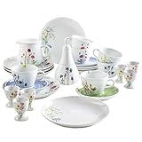 FIVE SENSES - Das Service besteht aus 3x Cappuccino-Obertasse 0,25 l „blau/rot“, 3x Cappuccino-Obertasse 0,25 l „rot/gelb“, 3x Untertasse 16 cm „Aquarell-Blau“, 3x Untertasse 16 cm „Aquarell-Grün, 3x Frühstücksteller 22 cm „blau/rot“, 3x Frühstücksteller 22 cm „rot/gelb“, 6x Eierbecher mit Fuß, 1x Zuckerhut 0,40 l, 1x Mini-Krug 0,50 l + Deckel-Dip 11 cm