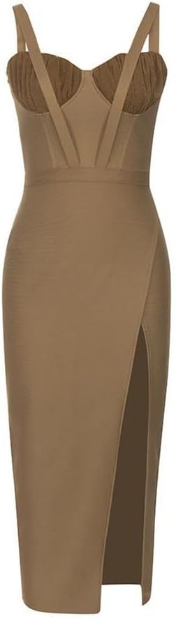 JSEIAJB Bandage Dress Sexy Halter Splicing Mesh Side Split Sticky Stripes Backless Slimming Dresses