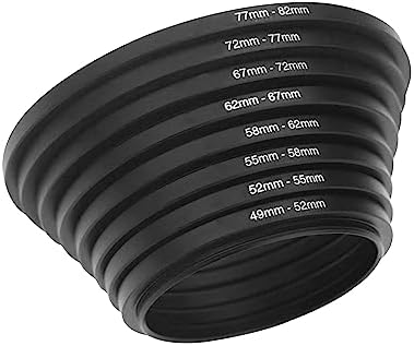 HIFFIN Camera Lens Step Up Filter Adapter Rings, 49-52, 52-55, 55-58, 58-62, 62-67, 67-72, 72-77, 77-82mm Metal Step Up Rings Kit with Anodized Aluminum Threaded Black Frame