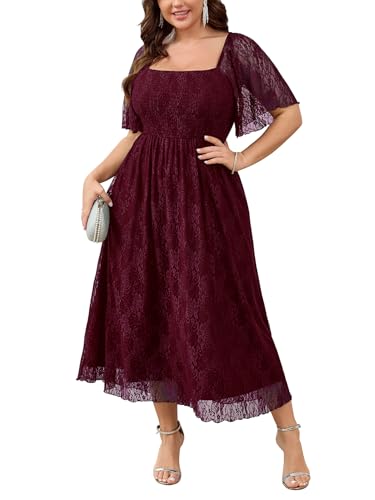 Image of SCOMCHIC Women's Plus Size Wedding Guest Dress Formal Lace Square Neck Short Sleeve Smocked Flowy Cocktail Maxi Dresses