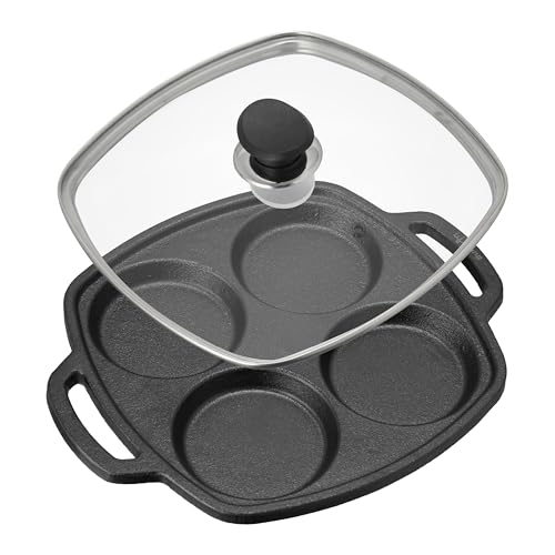 Image of Lifelong Cast Iron Multi Snack Pan with Glass Lid | Pre-Seasoned Naturally Non-Stick Cookware | 4-Pit Snack Pan for Uttapam, Appe, Eggs, Idli, & Pancakes | Durable & Toxin-Free | 3cm Deep, 33cm Wide