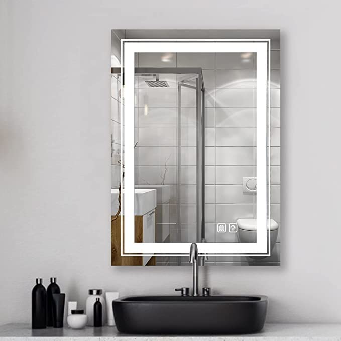 Image of Modern Front‑Lit LED Mirror - Gentle Dimming, Built‑in Defogger, Auto Memory & Easy Touch Control for Bathroom & Vanity. (20x28 inches)