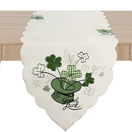 Owenie St. Patrick's Embroidered Irish Clover Table Runners, Spring Green Hat & Shamrock Table Runner, Owenie Embroidery Applique Lucky Shamrocks Dresser Scarf, 13X70 Inch Patrick‘s’ Runner #TOP4