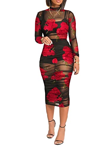 Women Sexy See Through Mesh Long Sleeve Ruched Midi Dresses Crop Top Bodycon Skirt 3 Piece Outfits Set Clubwear