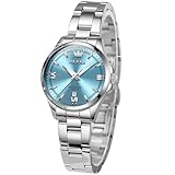 OLEVS Silver Womens Watch Fancy Dainty Simple Easy Read Blue Small Wrist Watches for Women Classic Slim Durable Metal Stainless Steel Water Resistant Day Quartz Analog Watch Women Reloj para Mujer