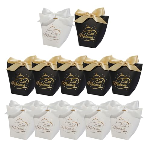 12 Pcs Eid Mubarak Gift Bags for Ramadan Candy Small Gift Boxes with Ribbon Gifts Boxs for Halal Chocolate Dates Sweet Dessert - Muslim Gifts Bags Ramadan Eid Party Decoration