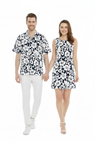 Image of Matchable Couple Hawaiian Luau Men Shirt or Women Tank Dress in Classic Vintage Hibiscus