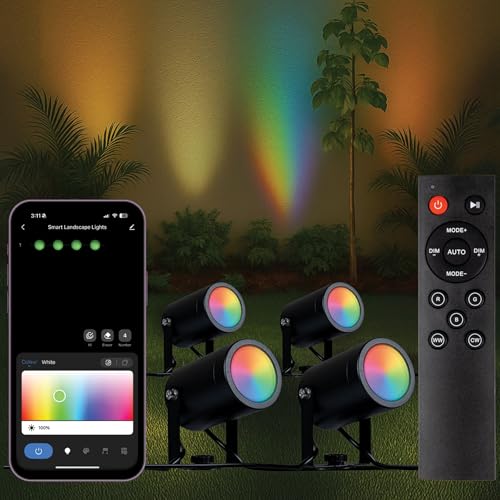 Novelty Lights Smart RGB+WW Landscape Spot Lights &ndash; 4 Pack Color Changing Outdoor Lights with...