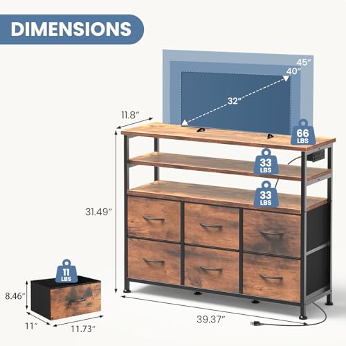 Image of DUMOS TV Stand for Up to 45 inch TV, Entertainment Center with Remote or App-Controlled LED Lights & Charging Station, Media Console Table with 6 Fabric Drawers, 2 Shelves for Living Room, Brown