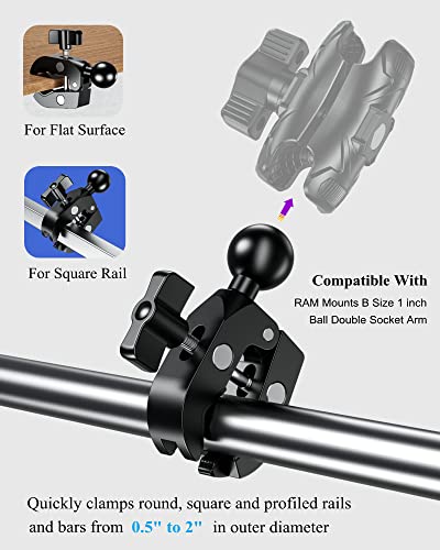 Brcovan Aluminum Alloy Handlebar Clamp Mount Base With 1'' Tpu Ball For Rails 0.5'' To 2'' In Diameter, Compatible With Ram Mounts B Size Double Socket Arm & Bike Motorcycle Phone Mount Holder #TOP3