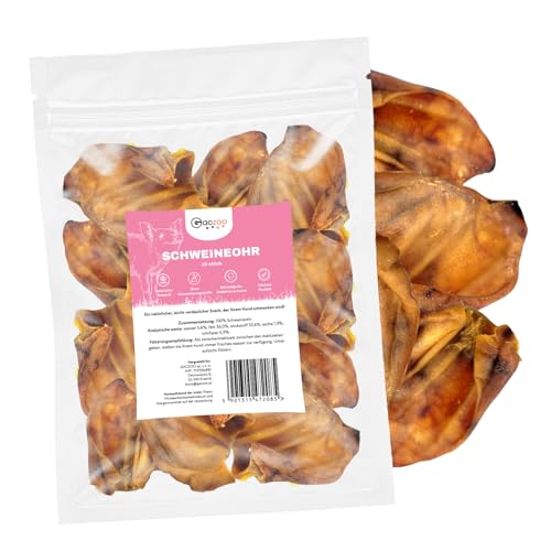 Gaczoo Schweineohren Hunde - 100% natürlicher Kauartikel Hund - Hunde Leckerlis Getrocknet ohne Zusätze - Unterstützen die Maulhygiene - Reich an Proteinen und Kollagen - Langer Kauspaß - 10 Stück