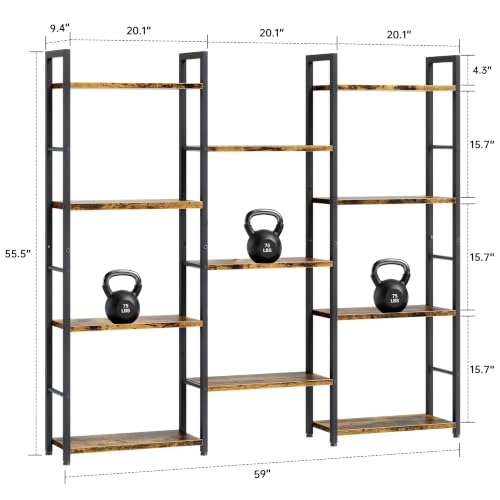 Image of Shintenchi Triple Column 4 Tier Bookshelf, Industrial Large Bookcase Display Shelves, Large Etagere Bookshelf,Wide Book Shelf Book Case for Home & Office, Rustic Brown