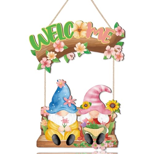 Image of HPNIUB Spring Welcome Door Sign, Cute Gnome Hanging Sign for Home, Farmhouse Colorful Flowers Spring Wall Decor for Indoor outdoor Front Door Window Yard Wall Decorations