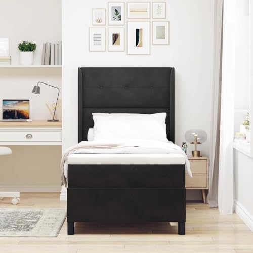 sephironlbb Cama con somier, 90 x 200 cm, terciopelo negro, cama individual con colchón, cabecero ajustable, núcleo de muelles ensacados para una máxima comodidad para dormir, marco de madera estable