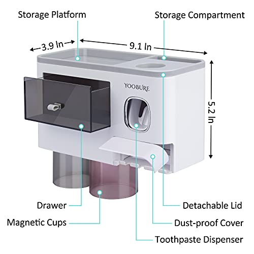Toothbrush Holders Wall Mounted, Yoobure Automatic Toothpaste Dispenser Set For Bathrooms, Multifunctional Bathroom Organizer Holder With Cosmetic Drawer, 2 Magnetic Cups And 6 Toothbrush Slots #TOP2