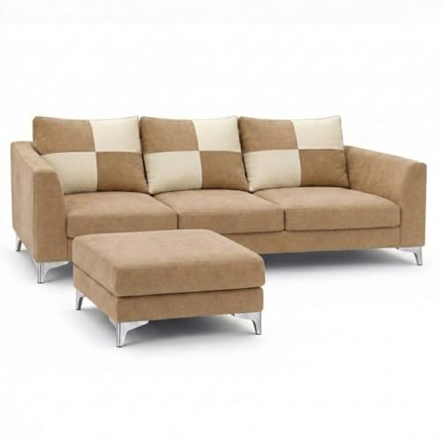 Image of Romeo Rich 4 Seater L Shape Sofa Set with Movable Ottomans | Flexible Layout | Velvet Suede Fabric | Golden Aesthetic Legs | Modern Sofa for Living Room (Beige)